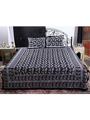 Caviar-Black Peacock Feather-Rose Batik Printed Cotton Queen Size Bedsheet With Two Pillow Cover
