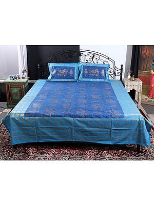 Dual Blue Color Gold Handblock Printed Elephant-Floral-Abstract Motif Cotton Queen Size Bedsheet With Two Pillow Cover