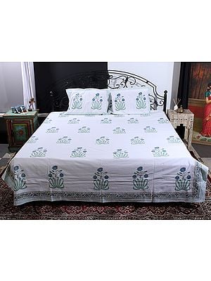 Pristine-White Bold Mughal Floral Motif Handblock Printed Cotton Queen Size Bedsheet With Two Pillow Cover