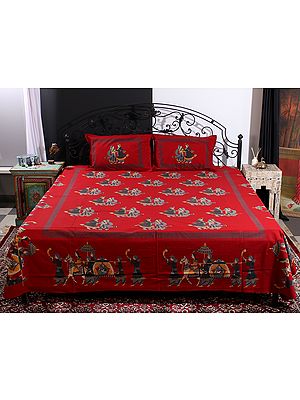 Ruby-Red Marriage Procession-Varmala Depicting Handblock Printed Motif Cotton Queen Size Bedsheet With Two Pillow Cover