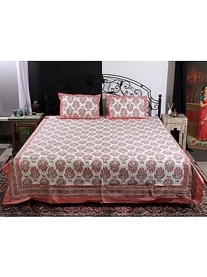 Pearl-White Tree Of Life Pattern Handblock Printed Cotton Queen Size Bedsheet With Two Pillow Cover
