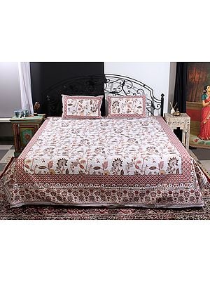 Snow-White Floral Pattern Gold Handblock Printed Cotton Queen Size Bedsheet With Two Pillow Cover