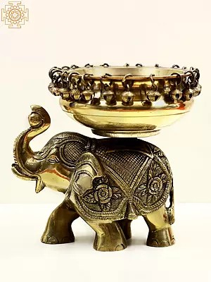 8" Brass Urli on Elephant with Ghungroo