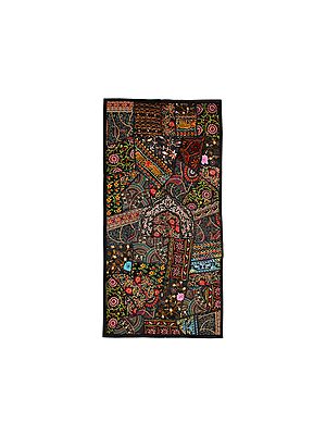 Artistic Floral Motif Embroidered Wall Tapestry With Kantha Patchwork From Gujarat