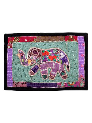 Elephant Motif Embroidered Wall Tapestry with Kantha Patchwork from Gujarat