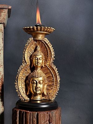 11" Double Face Buddha With Candle Holder on Wooden Base
