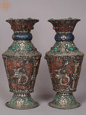 12" Tibetan Budhist Flower Vase (Pair)