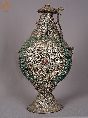 15" Dragon themes Tibetan Wine Bottle | Silver – Wooden Decor Piece