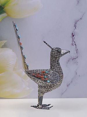 Small Sterling Silver Peacock with Coral and Turquoise Stone
