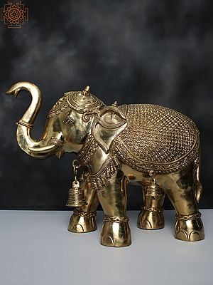 25" Brass Engraved Elephant Statue With Bells
