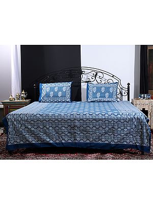Indigo Color Batik Printed Cotton Aamra Pattern Double Bedsheet With Two Pillow Cover