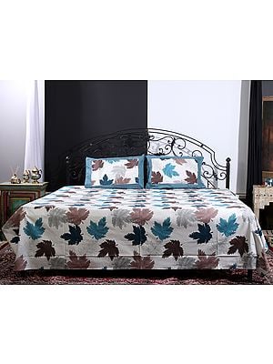 Maple Leaf Printed Cotton Queen Size Bedsheet With Two Pillow Cover