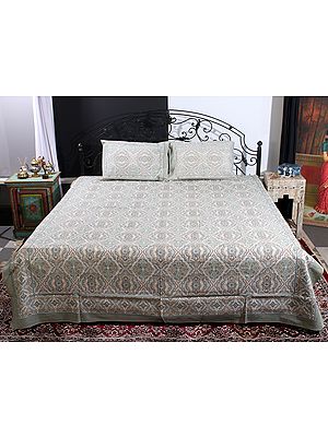 Multicolor Mediterranean Motif Handblock Printed Cotton Queen Size Bedsheet with Two Pillow Cover