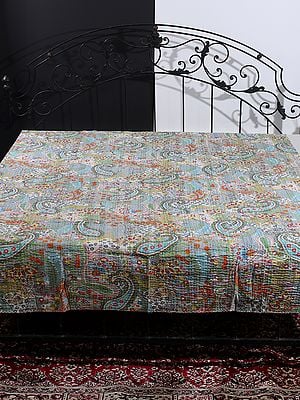 Floral Multicolor Printed Twin Size Bedcover from Jaipur with Kantha Straight Stitch