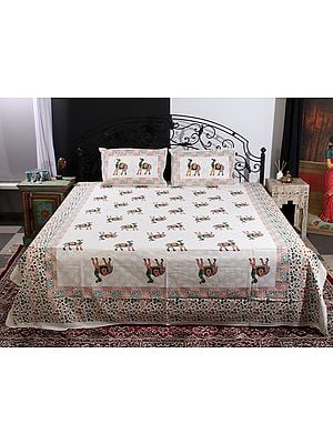 Cream Color Cotton Handblock Printed Double Bedsheet With Multicolor Camel-Vine Motif And Two Pillow Cover