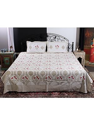 Ivory Color Queen Size Pure Cotton Jaipuri Bedsheet With Handblock Printed Mughal Tile-Floral Motif With Two Pillow Cover