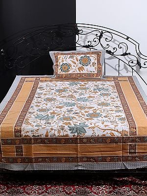 Cloud-Cream Mughal Bold Floral Vine Motif Gold Outline Print Single Size Bedsheet With One Pillow Cover