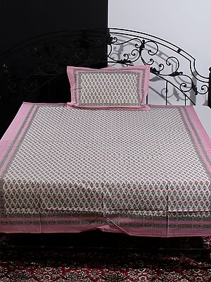 Jasmine-White Bagru Floral Motif Handblock Printed Cotton Single Size Bedsheet With One Pillow Cover
