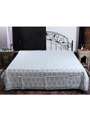 Daisy-White Moroccan Motif Printed Queen Size Bedcover from Jaipur with Kantha Straight Stitch