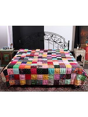 Kantha Style Multicolor Patchwork Reversible Bedding Quilt From Jodhpur