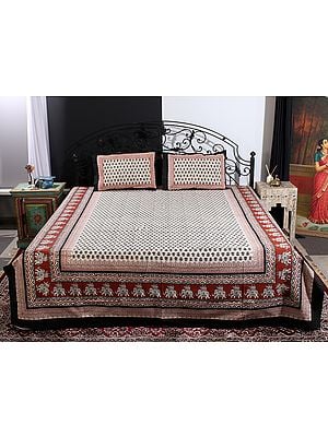 Beige Color Queen Size Bedsheet With Jaipuri Bagru Print Butti-Floral Motif And Two Pillow Cover