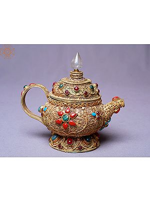 5" Stylish Copper Kettle with Filigree and Stone Work | Made In Nepal