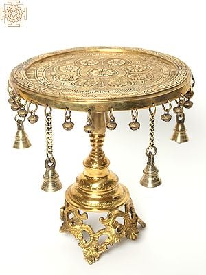 12" Brass Round Pedestal (Chowki) with Dangling Bells