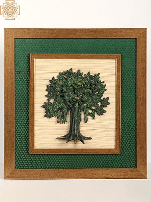 Wooden Wall Frame with Brass Tree and Bird Sculpture