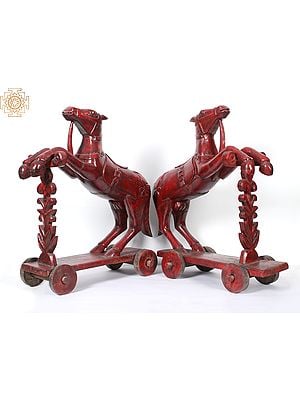 22" Pair of Wooden Horse with Wheel Stand