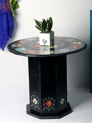 22" Designer Table in Black Marble with Semi-Precious Stone Inlay Work