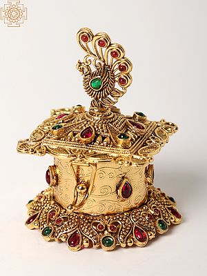 Peacock Design Brass Sindoor Box with Multicolor Stone Work