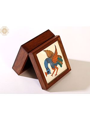 Peacock Tile Wood Box with Handmade Gond Painting