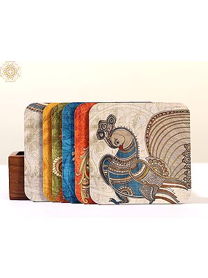 Kalamkari Bird Tile Wood Coaster Set