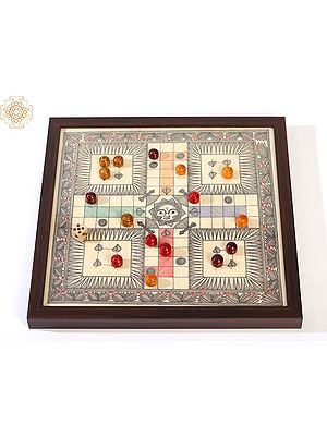 Ludo Board Game In Madhubani Painting With Tokens And Dise