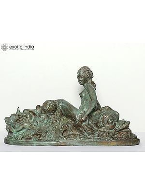 22" Woman & Child Riding on Mizuchi Dragon | Brass Sculpture