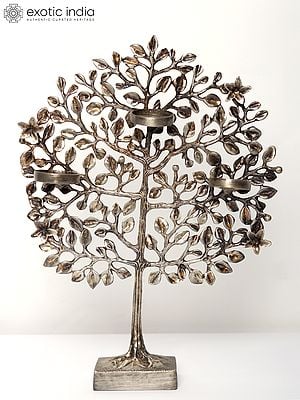 13" Antique Silver Tree of Life with Candle Holders | Brass with Electroplating