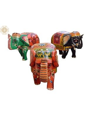 10" Wood Colorful Elephant - Set Of 3 | Decor Item
