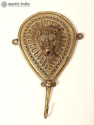 6" Tribal Lion Face Key Hanger in Brass | Dhokra Art