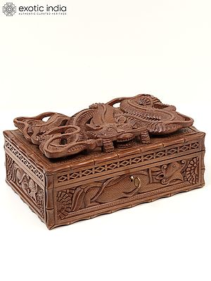 12" Walnut Wood Carved Dragon Design Storage Box