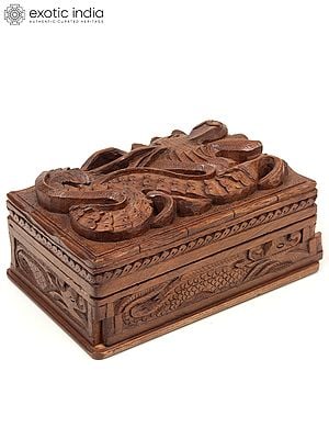8" Walnut Wood Fully Carved Dragon Design Jewellery Box