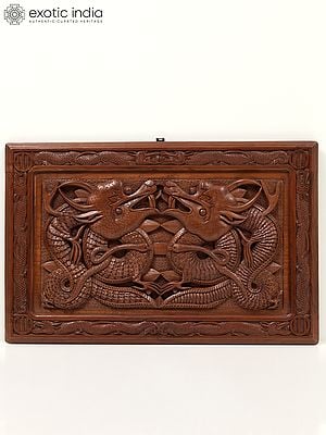 23" Walnut Wood Carved Pair of Dragons Wall Panel