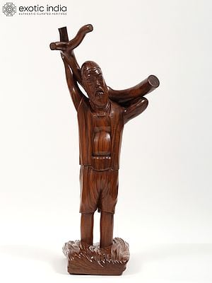 34" Large Kashmiri Woodcutter Sculpture Carved Out of Walnut Wood | Home Décor