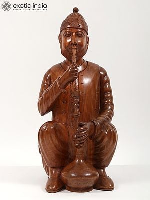 30" Large Kashmiri Man Smoking Hookah | Walnut Wood Sculpture | Home Decor