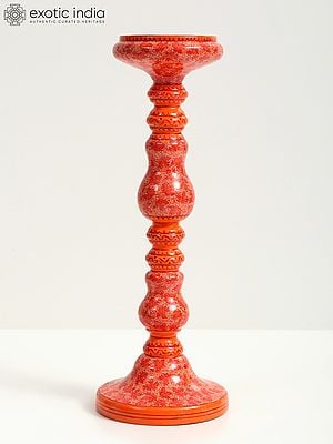 Wood Based Papier Mache Red Floral Candle Stand | Hand Painted