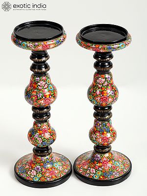 Wood Based Papier Mache Colorful Floral Candle Stand | Hand Painted