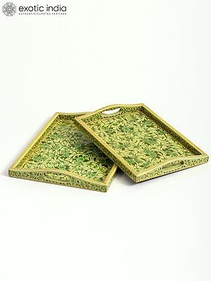 Wood Attractive Floral Tray - Set Of 2 With Fine Work | Hand Painted