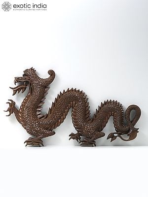 34" Walnut Wood Carved Chinese Dragon Figurine | From Kashmir | Wall Decor