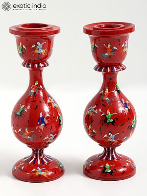 6" Hand-Painted Polo Players Design Papier Mache Candle Holder (Pair) from Kashmir
