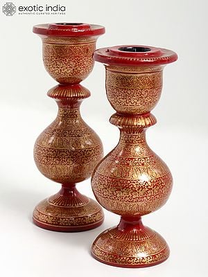 5" Pair of Hand-Painted Papier Mache Candle Holder | From Kashmir