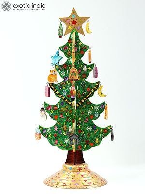26" Hand Painted Wooden Christmas Tree Figurine | From Kashmir | Handmade